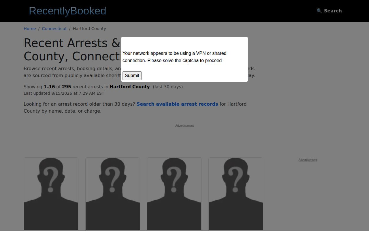 Unofficial Hartford historical booking page used for Manchester arrest record leads